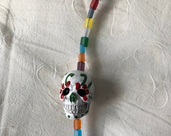 Skull Bell, Hanging Bell, Copper Bell, White Sugar Skull Bell, Day of the Dead Bell, Green White Red, Skull Skeleton Decor, Mexico Calavera