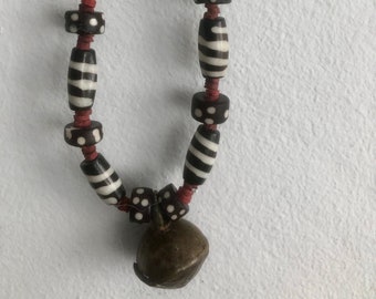 Batik Bone Bead NECKLACE, Kenya Bone Bead, Vintage Brass Bell Pendant Necklace Choker, African Choker Necklace Red Brown White Bell Necklace