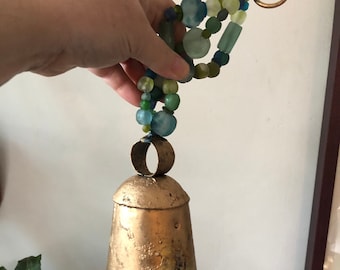 Altar Bell, Large Gold Bell, Blue Green Recycled Glass Beads Nautical Frosted Glass Beads Large Big Bell Rustic Feng Shui Porch Bell Hanging