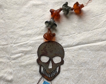 Hanging Skull, Rustic Skull Decor, Vintage Glass Beads, Metal Skull, Skull Decor Day of the Dead Bones, Orange Dark Grey, Skull Wall Hanging