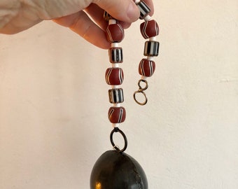 Black Bell Fair Trade Bell, Cow Bell, Vintage Chevron Beads, Millefiori North American Trade Beads Burgundy Black White Altar Bell Masculine