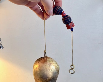 Hanging Bell, Gold Mongolian Bell with Vintage Millefiori Beads, Navy Blue, Red Folk Art Bell, Feng Shui, Porch Garden, Altar Bell, Stripes