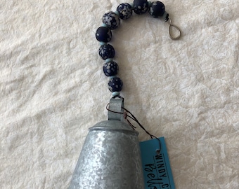 Hanging String Bell, Aluminum Bell, Silver Bell, Vintage Glass Beads From Nepal, Silver Navy Blue, Feng Shui, Garden Bell, Masculine Gift