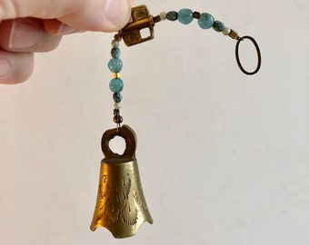 Vintage Brass Bell, Victorian Style Bell, Fancy Czech Glass Beads Shabby Chic Vintage India Bell Teal Green, Feng Shui Ornate Brass Charm