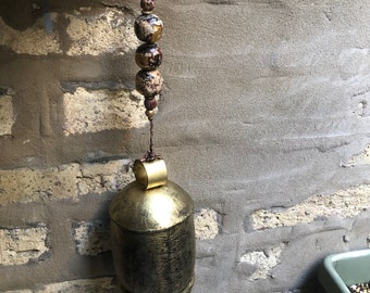 Altar Bell, Shabby Elegant Gold Bell, Etched Bell, Ceramic African Beads, Hanging Bell, Burgundy Gold Gold Leaf Clay Beads, Organic, Africa