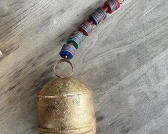 African Vinyl Disc Beads, Rustic Brass Bell, Boho Garden Decor