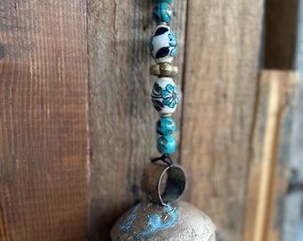 Rustic Gold Bell Chimes, Teal Blue Ceramic Beads, Garden Porch Decor