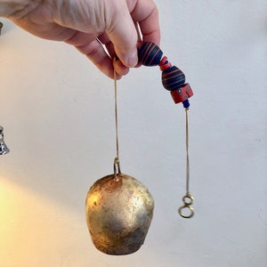Hanging Bell, Gold Mongolian Bell with Vintage Millefiori Beads, Navy Blue, Red Folk Art Bell, Feng Shui, Porch Garden, Altar Bell, Stripes