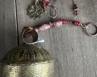 Etched Brass Bell with Maroon Glass Beads and Star Medallion