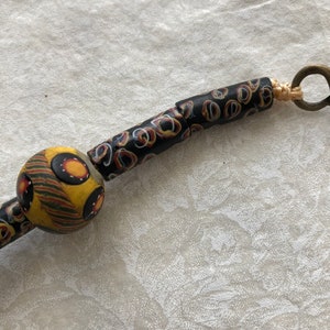 Hanging Bell, Gold Bell with Vintage African Trade Beads, Vintage Nepal Focal Bead Folk Art Bell, Feng Shui, Porch Garden, Altar Bell