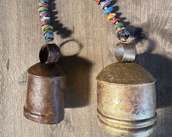 Artisan Bell with Colorful Clay Beads, Brown or Gold Patina