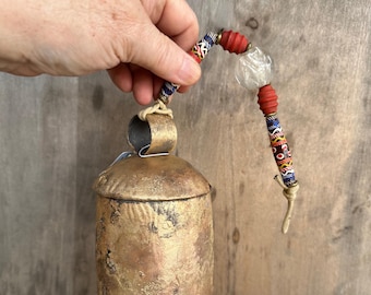 Artisan Rustic Gold Bell with Indonesian Beads, Home or Garden Decor
