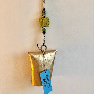 HANGING BELL Altar Bell, Trapezoid Gold Bell Feng Shui Garden Bell, Batik Bone Beads Kenya, Handmade Clay Focal Bead Taos, Trapezoid Bell