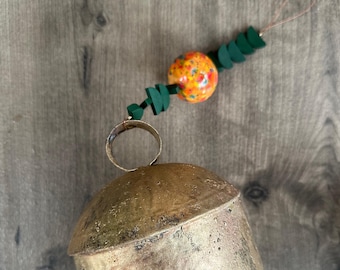Rustic Gold Metal Garden Bell, Ceramic Focal, Boho Wind Chime