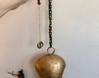 Hanging Bell, African Adinkra Symbol Bell, Red Green Black, African Krobo Glass Disc Beads, African Decor, Nyame Ye Ohene Adinkra Altar Bell