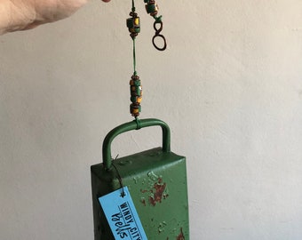 Rustic Green Bell, Hanging Bell, Vintage Millefiori Beads, Feng Shui, Altar Bell Rusty Bell Vintage Chic Decor, Old Millefiori Glass Beads