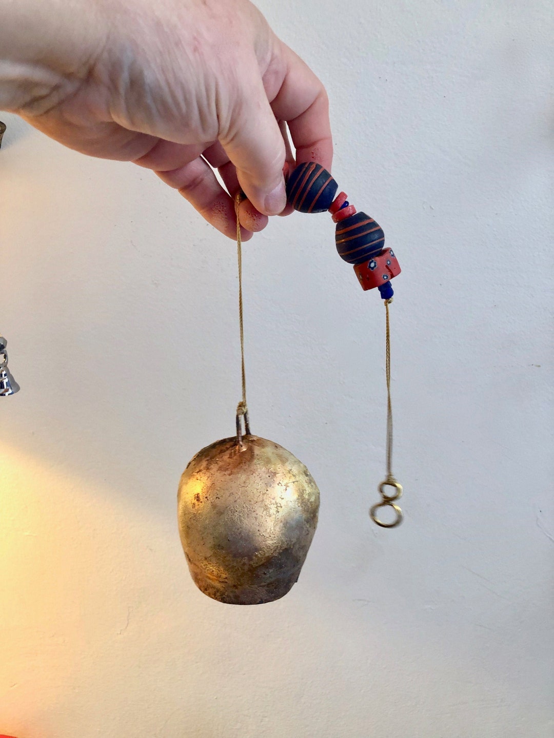 Hanging Bell, Gold Mongolian Bell With Vintage Millefiori Beads, Navy ...