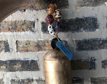 Rustic Gold Metal Bell, Ceramic Nepal Beads, Boho Garden Decor