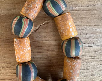 Ten Vintage Nepal Glass Beads, Orange Yellow Black, Handmade Ethnic Jewelry