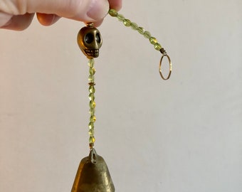 Skull Bell, Green Czech Beads, Shabby Chic Brass, Cranium Decor