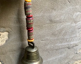 Hanging Vintage Brass Bell, Heavy Hanging Bell, Painted Glass Krobo Beads Ghana African Beads Rustic Shabby Chic Feng Shui Altar Bell Chunky