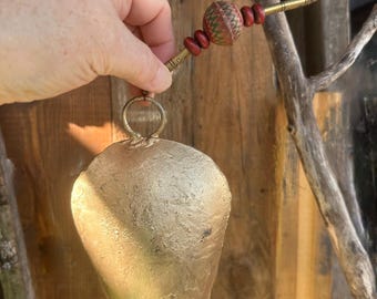 Artisan Brass Bell, Leather Bead, Boho Garden Decor