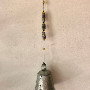 Hanging Silver Bell, Vintage Millefiori Glass Beads, Garden Bell Feng Shui, Blue Yellow, Galvanized Bell, Industrial, Marine Naval, Vintage