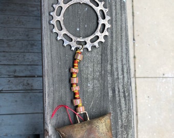 Vintage Rusty Cow Bell, Bicycle Sprocket, African Trade Beads Hanging Decor