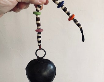 Hanging Bell, Stripped Batik Bone Bead Tubes, Matte Black Bell, Altar Bell, Feng Shui, Rainbow Black and White Beads, Fun Colors Patterns