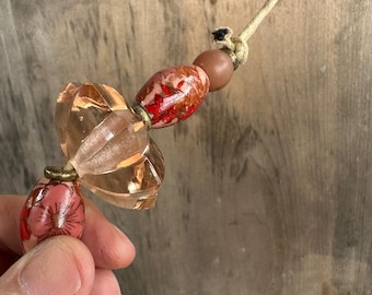 Artisan Garden Bell Chimes, Peach Glass Knob, Floral Ceramic Beads, Rustic Boho Decor