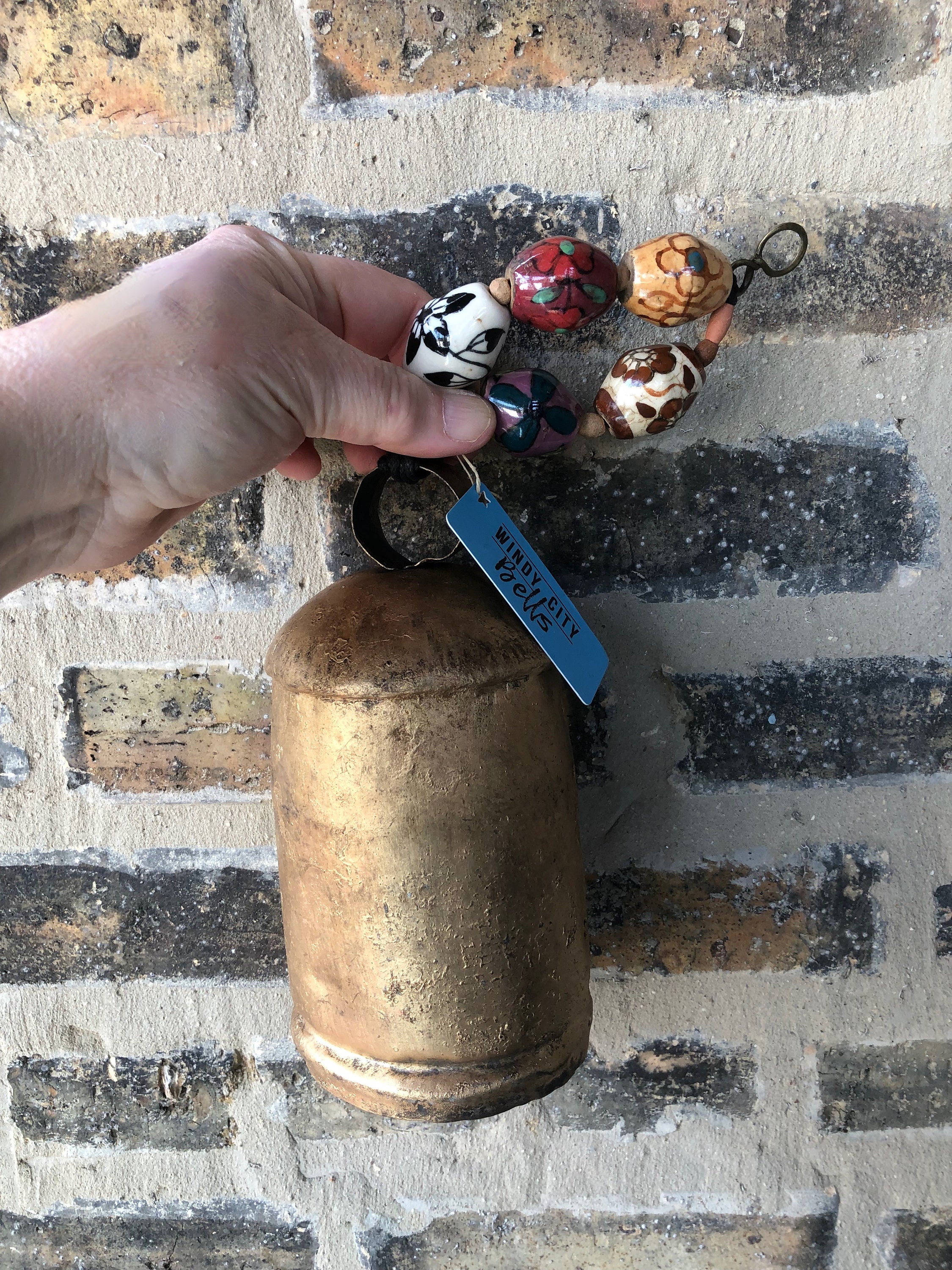 Rustic Gold Metal Bell, Hanging Garden Bell, Folk Art Bell, Ceramic ...