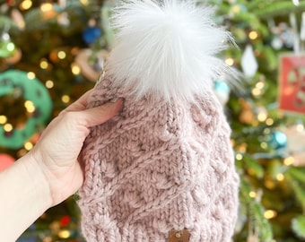 Faux Fur Pom Pom Handknit Hat - Warm Knit Hat - Fur Pom Beanie - Pick Your Colors! - Knitted Hat - Twisted Stitch Knit Beanie - Handmade Hat