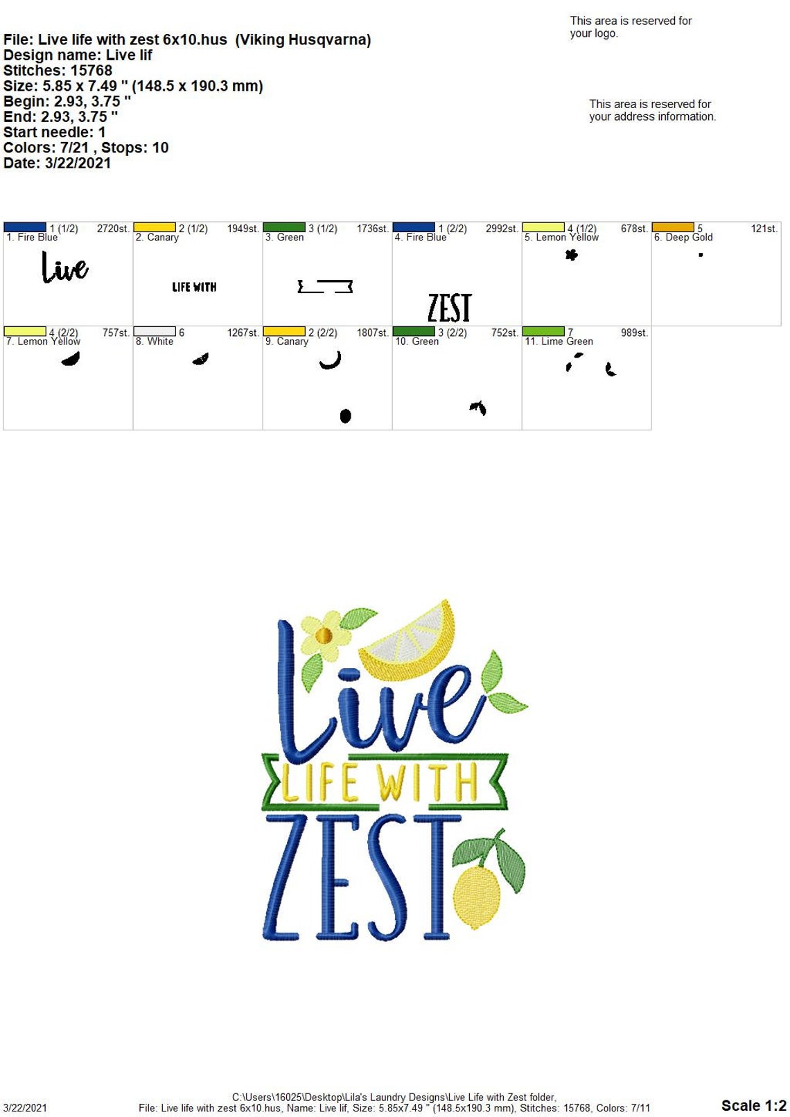 Live Life With Zest 2 Sizes Included Embroidery Design Etsy