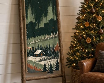 Snowy Pine Cabin Sherpa Blanket, Winter Cabin Throw, Cozy Woodland Christmas Gift