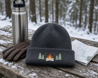 Campfire Pines Embroidered Beanie, Cuffed Knit Hat, Camping Gift for Hikers