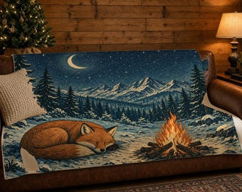 Fox Campfire Blanket, Starry Night Forest Throw, Cozy Cabin Fleece Blanket Gift