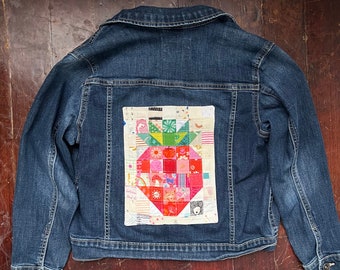 Upcycled denim jacket - strawberry - quilt block on denim - denim upcycle