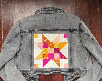 Upcycled denim jacket - patchwork star - quilt block on denim - denim upcycle