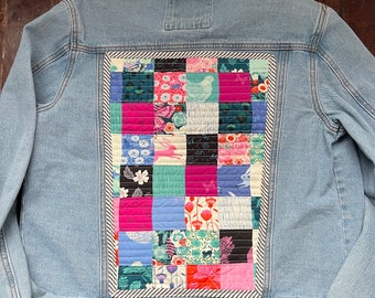 Upcycled denim jacket - patchwork - quilt block on denim - denim upcycle - Ruby star society