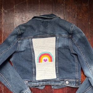 Upcycled denim jacket rainbow quilt block on denim denim upcycle image 1