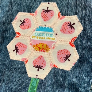 Upcycled denim jacket hexie flower quilt block on denim denim upcycle image 3