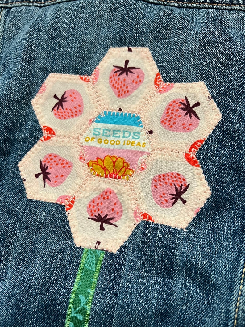 Upcycled denim jacket hexie flower quilt block on denim denim upcycle image 3