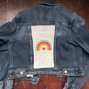 Upcycled denim jacket rainbow quilt block on denim denim upcycle image 8