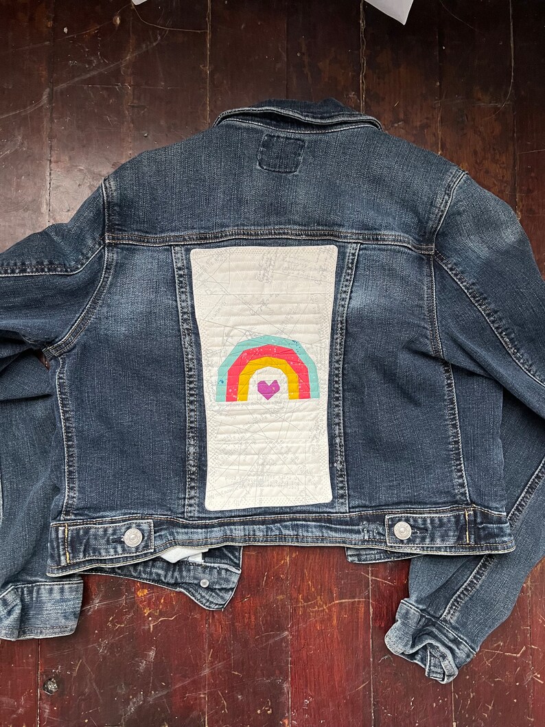 Upcycled denim jacket rainbow quilt block on denim denim upcycle image 8