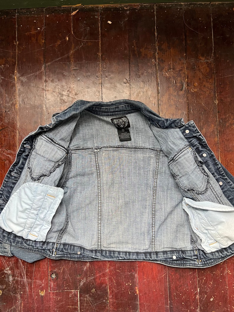 Upcycled denim jacket rainbow quilt block on denim denim upcycle image 7