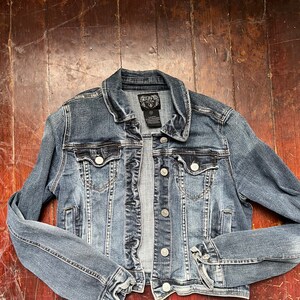 Upcycled denim jacket rainbow quilt block on denim denim upcycle image 6