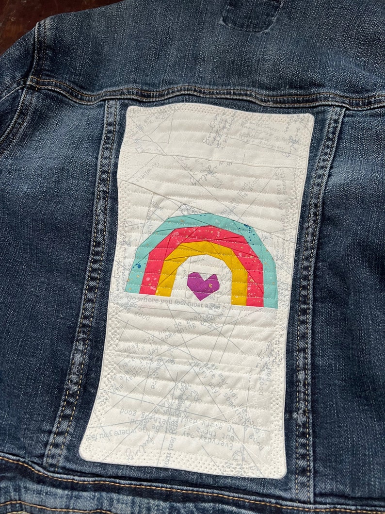 Upcycled denim jacket rainbow quilt block on denim denim upcycle image 10