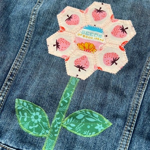 Upcycled denim jacket hexie flower quilt block on denim denim upcycle image 4