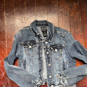 Upcycled denim jacket rainbow quilt block on denim denim upcycle image 5