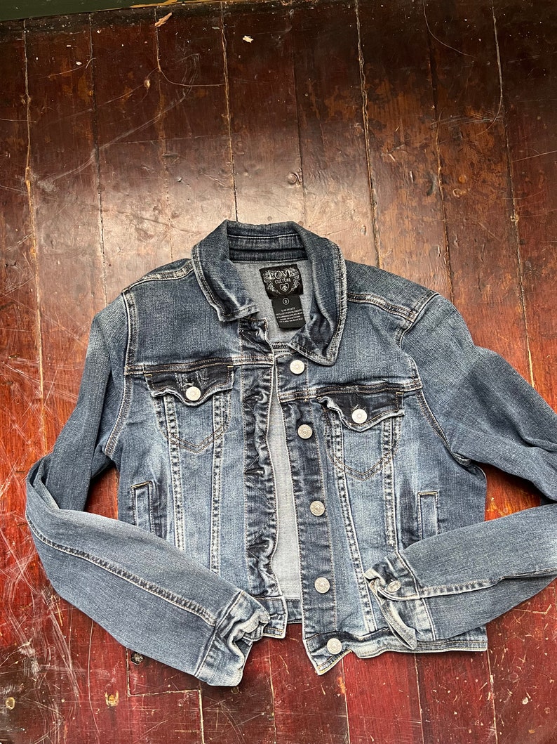 Upcycled denim jacket rainbow quilt block on denim denim upcycle image 5